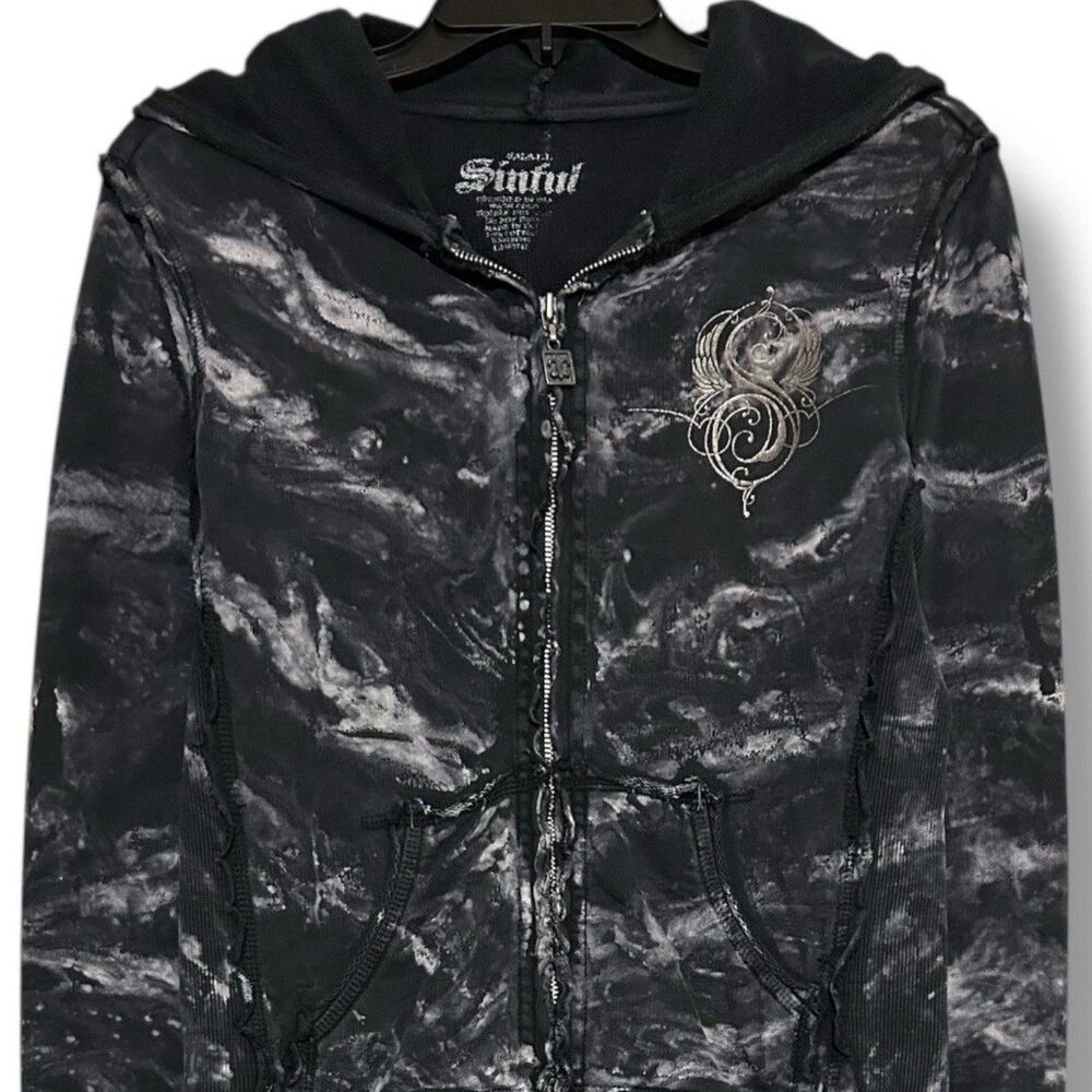 Sinful By Affliction S Grunge Black Jacket Hoodie Rhinestone Skull Wings Y2K - Picture 6 of 15